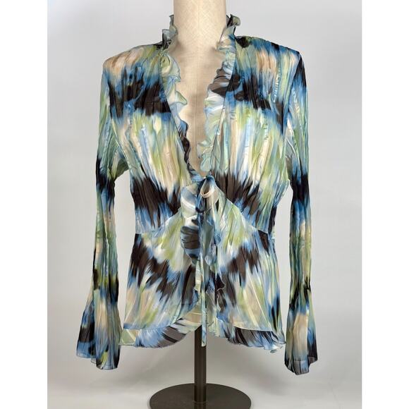 Y2k Coquette LARGE Sheer Ruffle Blouse Blue Long Sleeve Tie Front Crepe Fairy - Picture 1 of 8